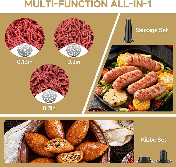 AAOBOSI 3-IN-1 Electric Meat Grinder, 3000W Max Sausage & Kibbe Maker | Non-Clogging with Auto-Reverse for Jam-Free Grinding, Easy Accessory Storage, Copper Motor, 5 lbs/min Fast Meal Prep
