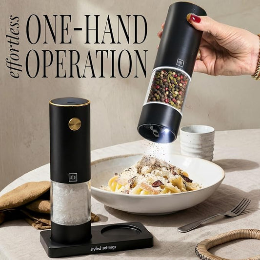Electric Salt and Pepper Grinder Set Rechargeable – Black and Gold Salt and Pepper Shakers with USB-C Charging, Adjustable Grind, LED Light, One Touch Control, Stainless Steel Body