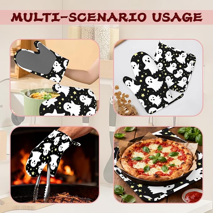 Halloween Ghosts Heat-Resistant Silicone Oven Mitts and Pot Holders,Long Oven Gloves with Non-Slip Grip for Cooking, Baking, Grilling,BBQ