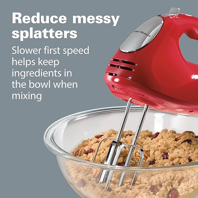 Hamilton Beach 6-Speed Electric Hand Mixer with Whisk, Traditional Beaters, Dough Hooks, Snap-On Storage Case, 275 Watts, Red