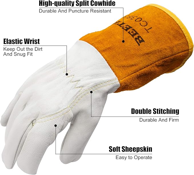 BEETRO Working Gloves 2 Pairs, Tig Welding Cowhide Split Leather, Heat/Fire Resistant BBQ/Warehouse/Heavy Duty/Animal Handling Glove, Extremely Soft and Flexible
