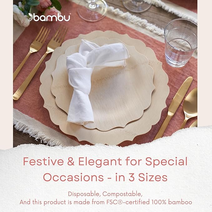 Bambu Pack of 8 - 7 Inch Disposable Bamboo Plates Fancy, Biodegradable Eco Friendly Products, Bamboo Disposable Plates for Events, Compostable Plates