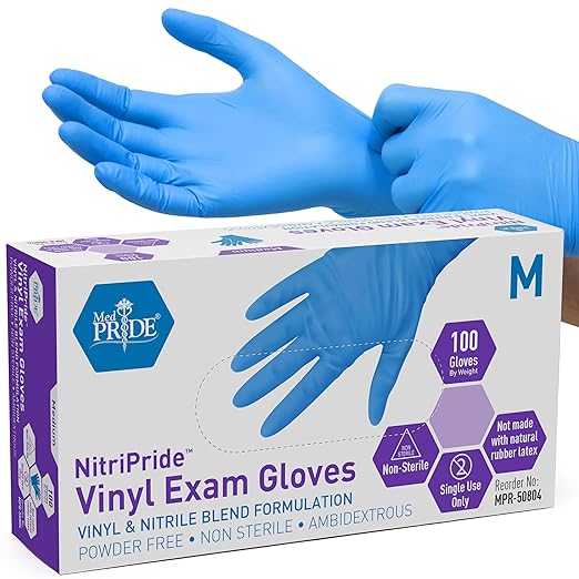 MED PRIDE Nitrile/Vinyl Blend Exam Gloves,Powder-Free,Blue,Medium,100-Ct