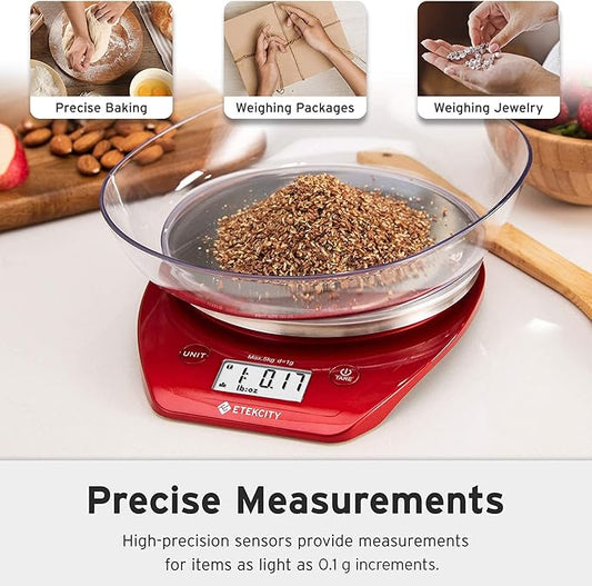 Etekcity Food Kitchen Scale with Bowl, 0.1g, Grams and Ounces | 11lb/5kg capacity with tare, removable bowl, ideal for baking, coffee, meal prep and portion control, Stainless Steel, Red