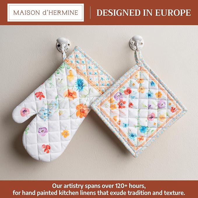 Maison d' Hermine 100% Cotton Oven Mitt & Pot Holder Set (7.5"x13" & 8"x8") | Heat Resistant BBQ Cooking Gloves with Loop Baking Grilling Kitchen Hotel Home Farmhouse Spring Summer - Summer Whisper