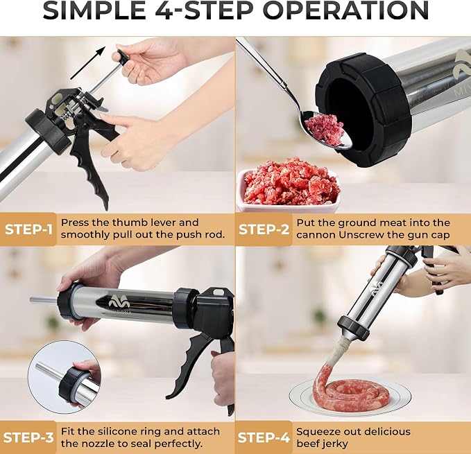 Stainless Steel Jerky Gun & Sausage Stuffer Kit – 1.5 lb Capacity, 5 Nozzle Set, Meat Pusher, 5 Cleaning Brushes, & Food-Safe Gloves – For Beef Jerky, Snack Sticks & Bratwurst
