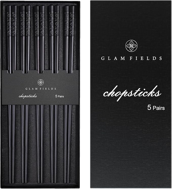 GLAMFIELDS 5 Pairs Premium Chopsticks Reusable Dishwasher Safe 9.5 Inch Fiberglass Chop Sticks Gift Set Non Slip Lightweight Cherry Blossom Pattern