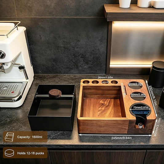 Espresso tamping station knock box,tamper station,Espresso station fit for storage 51-58mm tamper,distributor,portafilter,puck screen accessories,9 in 1 espresso knock box and tamper station
