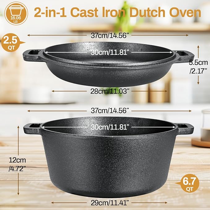 TLGREEN Cast Iron Dutch Oven 6.7QT Pot 2.5QT Skillet Lid Silicone Holders | Cast Iron Skillets, Heat Resistant Stand Included, Fits All Heat Sources for Outdoor Camping, Safe for Long High Temp Cooking
