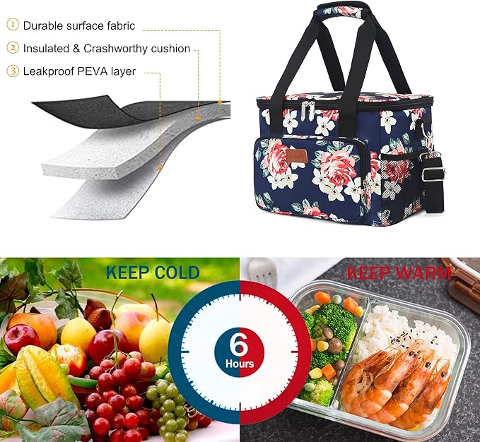 Lunch Bags for Women/Men, Insulated Lunch Bag for Work Office Picnic - Large Lunch Cooler Bag Leakproof Lunch Box with Adjustable Shoulder Strap for Adults - Floral(15L)