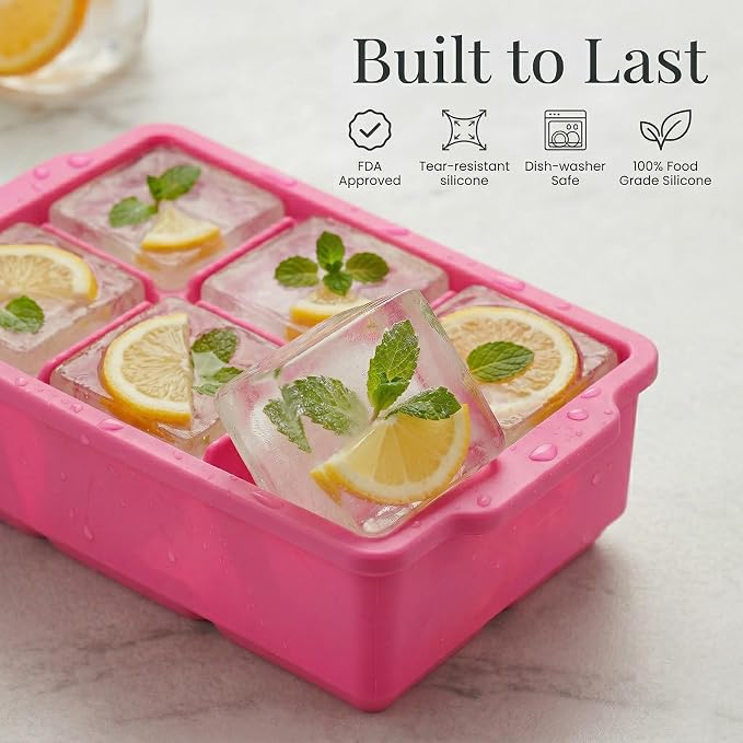 KitchFort® Large Silicone Ice Cube Tray (3-Pack), Easy Release 2" Big Ice Cubes - Cocktail, Whiskey Ice Cubes Mold - Ice Trays for Freezer with Lid - Stackable Silicone Ice Tray - Pink