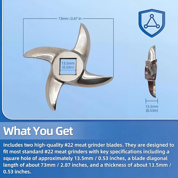 2 Pack #22 Meat Grinder Blades - 0.53" Square Hole & Full 0.51" Thickness for Heavy-Duty Grinding, Professional Stainless Steel Replacement Knives