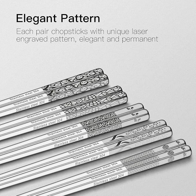 Metal Chopsticks Reusable 5 Pairs: Stainless Chopstick Set Dishwasher Safe,Non-Slip,Gift Box Packaging,Laser Engraved,Japanese Chinese Korean Chop Sticks for Cooking Eating - 5 Patterns
