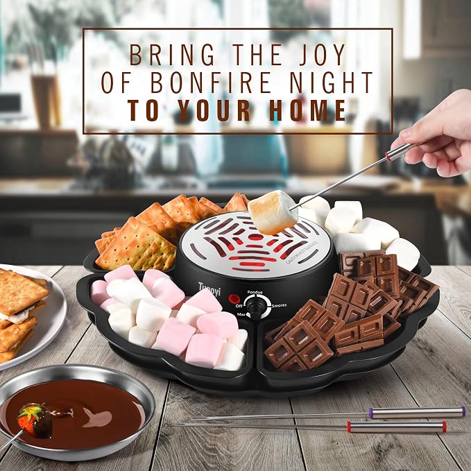 2 in 1 Electric S’mores Maker & Fondue Pot, Tabletop Indoor Smores kit with 4 Roasting Forks, 4 Detachable Trays & 1 Flameless Temperature-controlled Heater, Movie Night Supplies & Housewarming Gifts
