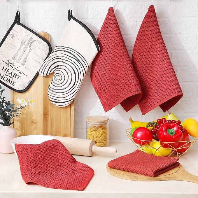 Homaxy 100% Cotton Waffle Weave Kitchen Dish Cloths, 7-Pack, Brick Red | 12 x 12 Inches, Ultra Soft Absorbent Dish Towels, Quick Drying Dish Rags with Hanging Loop