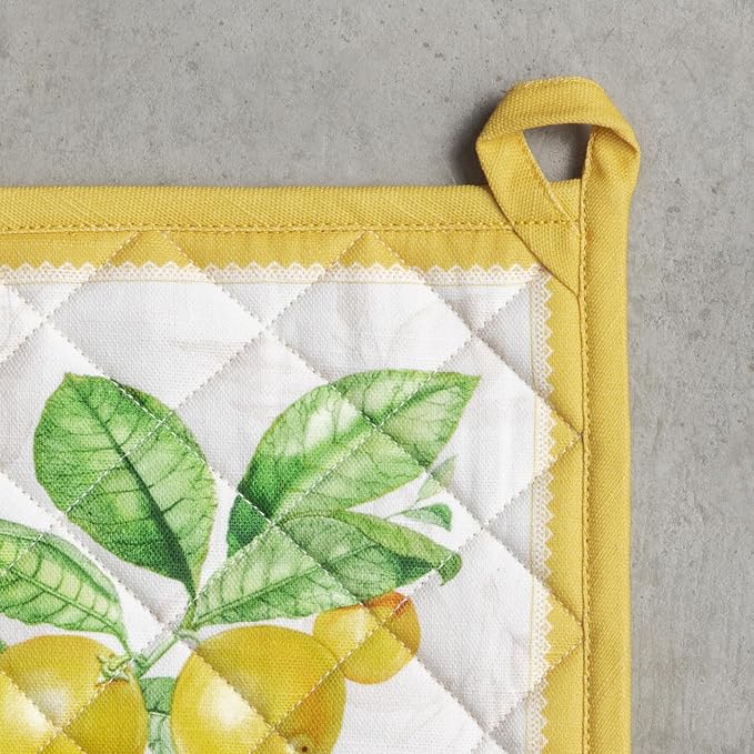 Maison d' Hermine Pot Holders 100% Cotton Potholders (8" x 8", Pack of 1) | Heat Resistant Hot Pads with Loop BBQ Cooking Baking Farmhouse Kitchen Handling Hot Pans Spring Summer - Limoncello