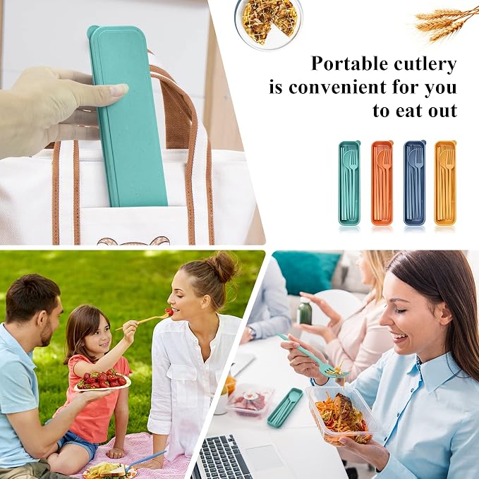 DISSKNIC Reusable Travel Utensils with Case, 4 Sets Wheat Straw Portable Cutlery Set Chopsticks Knives Fork and Spoon for Lunch Box Accessories, Camping Flatware Sets for Daily Use or Outdoor