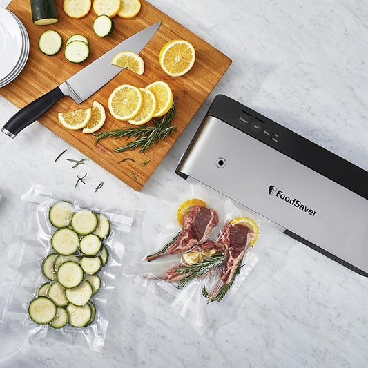 FoodSaver PowerVac Compact Vacuum Sealing Machine Stainless Steel & Black Vertical Storage VS0150 | Preserves freshness reduces bag waste for both dry and wet food