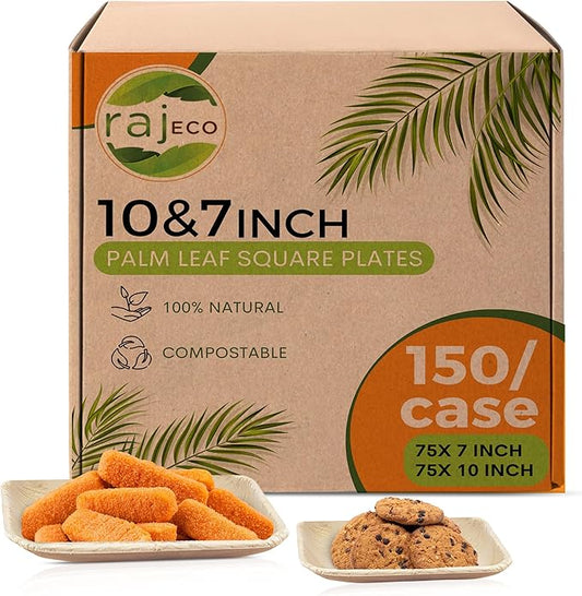 Raj Palm Leaf Plates Bulk [50-Pack] 10" & 7" Square Plates (3 CASES - 150 PACK) like Bamboo plates Disposable, Strong, Decorative Compostable Tableware for weddings, Lunch, Dinners etc