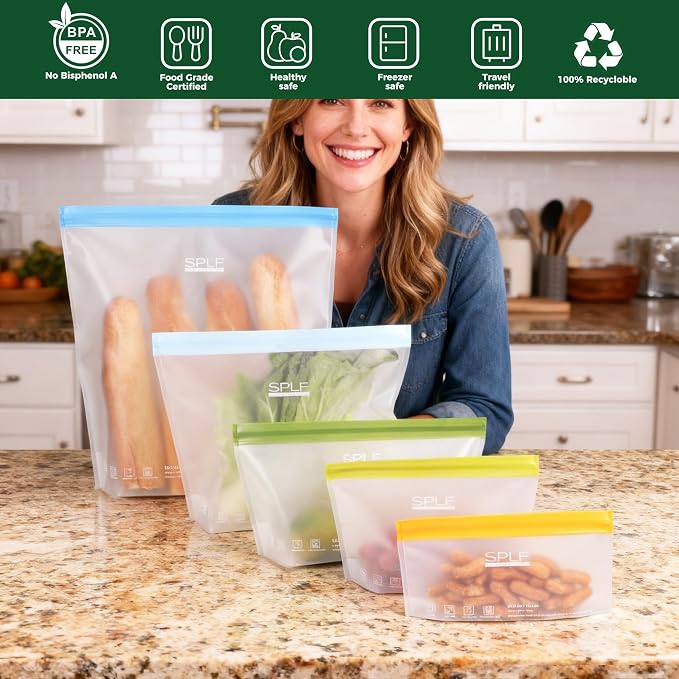 SPLF 6 Pack Stand-Up Reusable 2 Gallon Freezer Bags Dishwasher Safe | Reusable Freezer Bags 2 Gallon, Leakproof BPA Free Food Storage Bags for Marinate Meat, Veggies, Bread, Snack, Travel Item