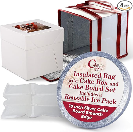 Cakebon Cake Box and Boards, 10-Inch Round Silver Smooth Edges 1/2- Inch Thick Drums with Insulated Bag and Ice Pack – Cake Transport Set, Cooler for Cake Delivery and Transport (1pc Each, 4pcs Total)