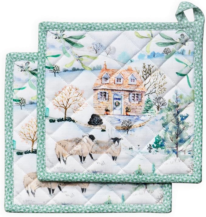 Maison d' Hermine Pot Holders 100% Cotton Potholders (8" x 8", Pack of 2) | Heat Resistant Hot Pads with Loop BBQ Cooking Baking Hotel Kitchen Handling Hot Pans Thanksgiving Christmas - Snowy World