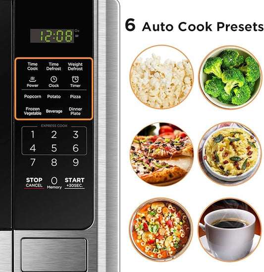BLACK+DECKER Digital Microwave Oven with Turntable Push-Button Door, Child Safety Lock, Stainless Steel, 0.9 Cu Ft