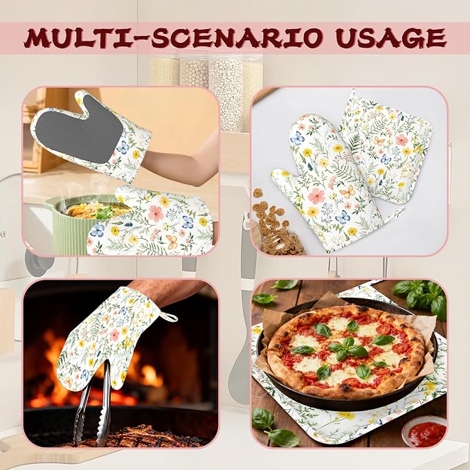 Wildflowers Oven Mitts and Pot Holders (4PCS),Vintage Plants Herb Flower Butterfly Heat Resistant Non-Slip Silicone Kitchen Gloves for Cooking, Baking, BBQ Waterproof Kitchen Accessories