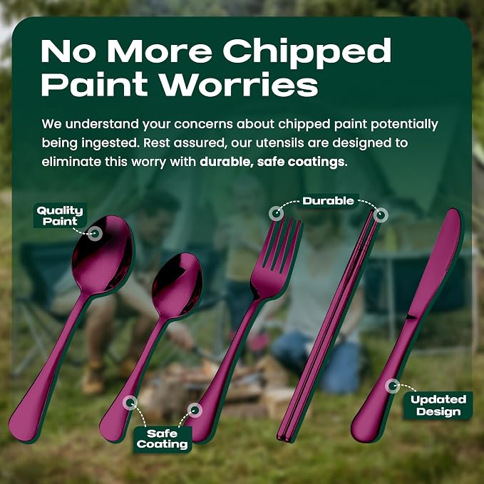 Taplord Portable Travel Silverware Set With Case, Includes 5 Pcs of Travel Utensils With Case, Stainless Steel Flatware Set For Camping, Easy to Travel, Lightweight (Purple), Medium, TL-05P