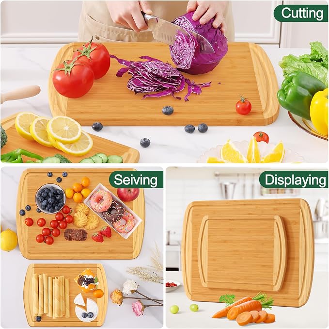 Homaxy Bamboo Cutting Boards for Kitchen Set of 2, Two-Tone | Wood Cutting Board with Juice Groove, Butcher Block Chopping Board for Kitchen, Meat, Fruit & Vegetables, Pre Oiled