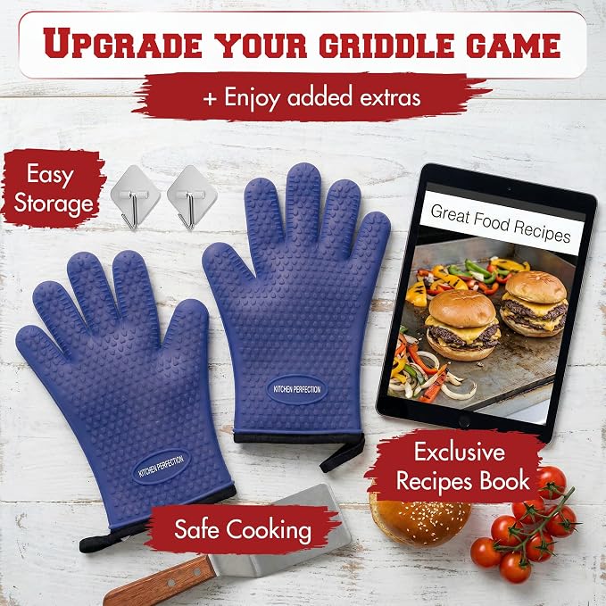 KITCHEN PERFECTION Silicone Griddle Grill Gloves Heat Resistant Oven Mitts | Waterproof, 5-Finger Design For A Better Grip, Best Griddle Grilling Accessories, Compatible with Blackstone, Weber & More