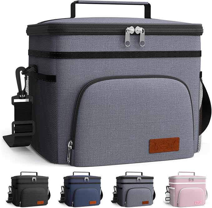 HOTOR Insulated Lunch Box Men Women Leak-Proof Cooler Lunch Bag 9L | 4 Pockets, Adjustable Strap, Ideal for Work, Picnic, Travel, Camping, Gift, Light Grey