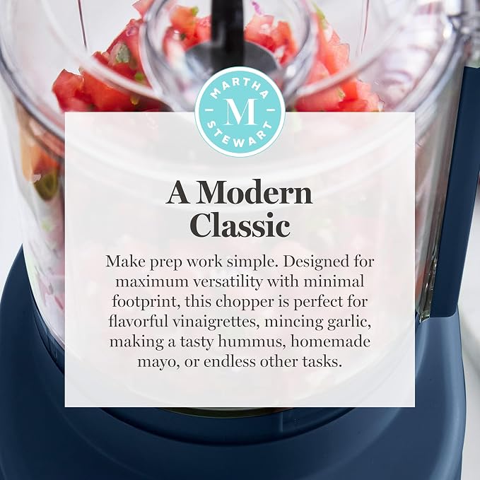 Martha Stewart 3 Cup Electric Vegetable Chopper, Mini Food Processor, Navy | 24oz BPA-Free Bowl, Stainless Steel Blades, Pour Spout, Dice, Puree, Mince, Chop Vegetables & Herbs, Dishwasher-Safe Parts