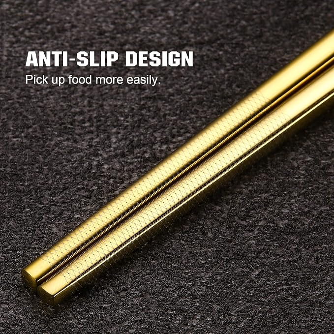 Titanium Stainless Steel 18/8 Chopsticks with Holder, 2 Pairs Dishwasher Safe, Japanese Style Gift Set (Golden)