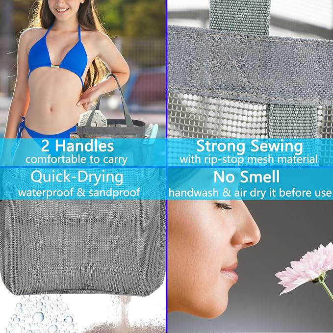 Fammart Mesh Shower Caddy Portable for College Dorm Room Essentials, Odorless Polyester Large Shower Tote Bag with Dual Handles, 8-Pocket Quick-Dry Toiletry Organizer for Travel, Beach, Camping, Gym