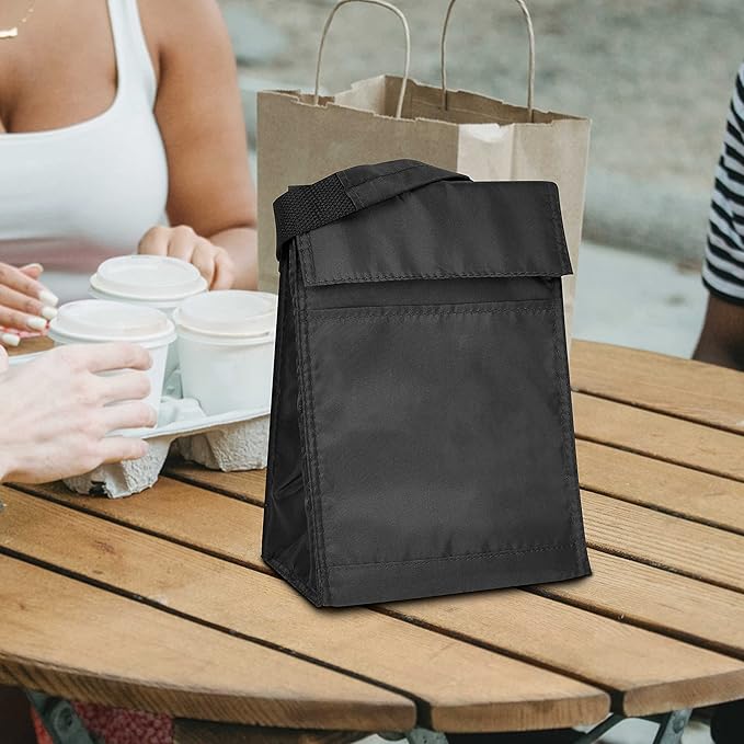DISCOUNT PROMOS 10 Hook and Loop Insulated Lunch Bags Set - Polyester, Durable, Vibrant, Reusable - Black