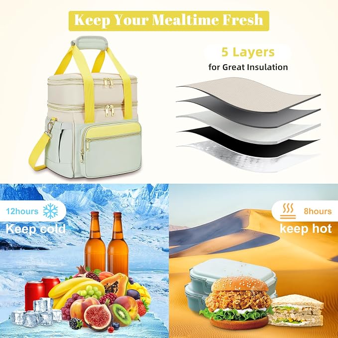 holuxer Insulated Lunch Bag & Lunch Box for Women - Double Deck Reusable Lunch Bag for men Tote Cooler Bag Leakproof Soft Expandable - Large Lunchbox for Work/Adult/Picnic/Outdoor (Green，15L)