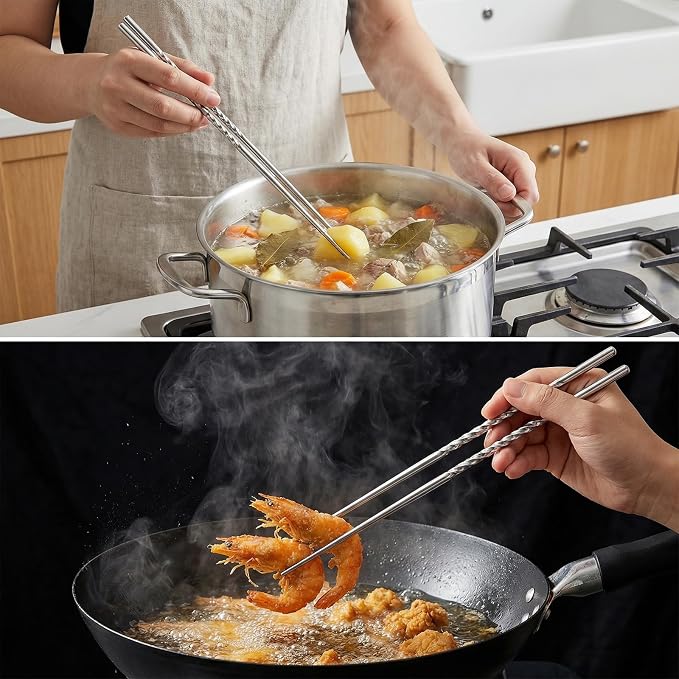 2Pcs Extra Long Cooking Chopstick 15.3" Metal Cooking Chopsticks | 304 Stainless Steel, Deep Frying, Non-Slip Thread, Reusable for Hot Pot and Noodle, Dishwasher Safe