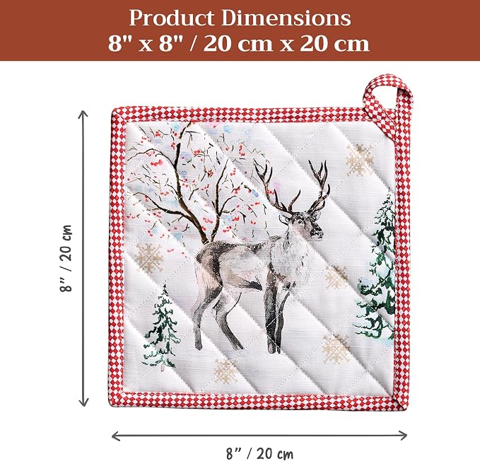 Maison d' Hermine Pot Holders 100% Cotton Potholders (8" x 8", Pack of 1) | Heat Resistant Hot Pads with Loop BBQ Cooking Baking Hotel Kitchen Handling Hot Pans Thanksgiving Christmas - Rural Christmas