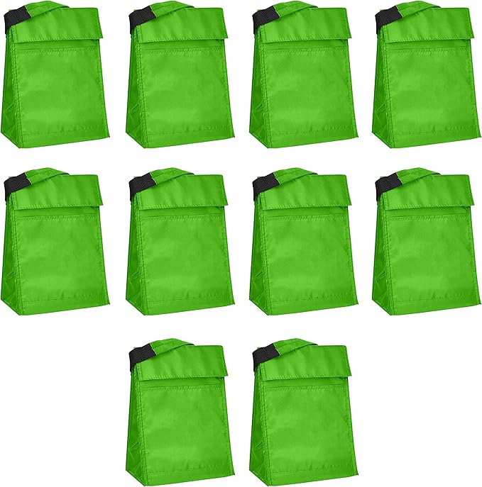 DISCOUNT PROMOS 10 Hook and Loop Insulated Lunch Bags Set - Polyester, Durable, Vibrant, Reusable - Green