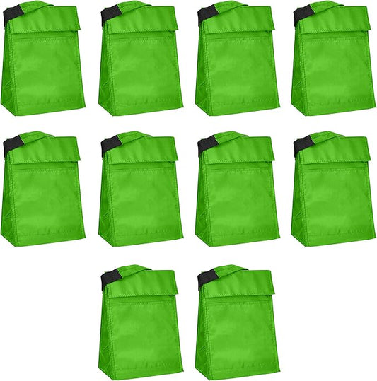 DISCOUNT PROMOS 10 Hook and Loop Insulated Lunch Bags Set - Polyester, Durable, Vibrant, Reusable - Green