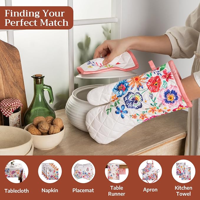 Maison d' Hermine 100% Cotton Oven Mitt & Pot Holder Set (7.5"x13" & 8"x8") | Heat Resistant BBQ Cooking Gloves with Loop Baking Kitchen Hotel Home Farmhouse Spring Summer - Happy Florals - High Summer