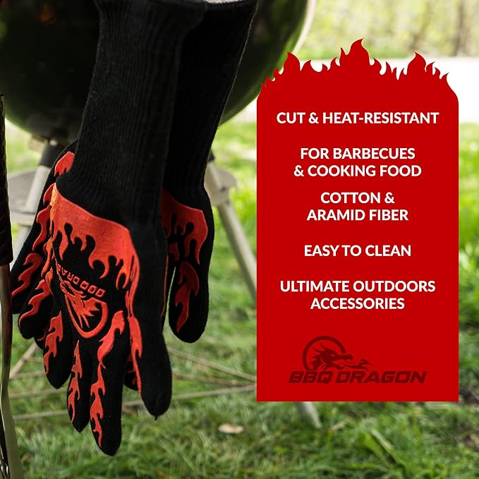 BBQ Dragon Heat Resistant Gloves - High Heat Gloves for Cooking, BBQ, Grilling, and Baking - Non-Slip Oven & Heat Proof - Certified Heat Protection for Outdoor Grill & Kitchen Safety