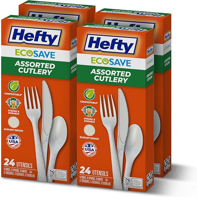 Hefty ECOSAVE Compostable Assorted Cutlery Set, 4 Pack, Utensils for BBQs, Tailgates, Camping, and Parties, Includes 8 Forks, 8 Spoons, and 8 Knives per pack, Compostable, Sustainable Design