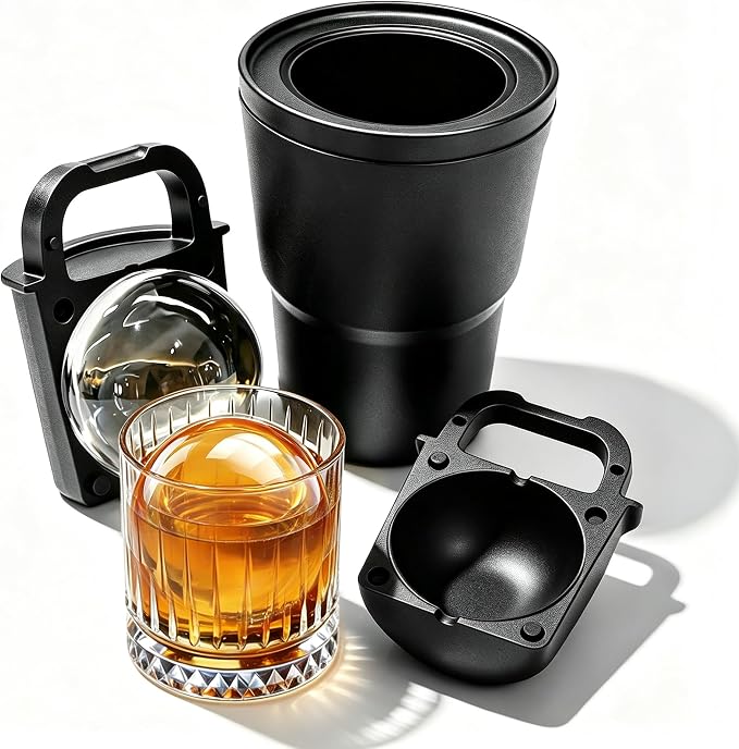 Crystal Clear Ice Ball Maker with Insulated Black Cup – Large Sphere Silicone Ice Mold for Whiskey & Cocktails Slow Melting Clear Ice Maker, Bourbon, Scotch Gifts for Home Bar