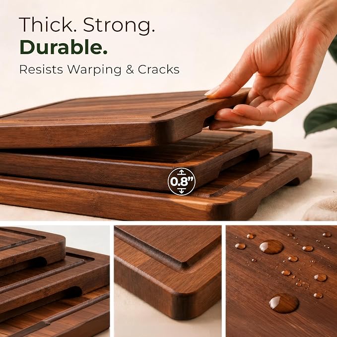 Acacia Wood Cutting Board Set of 3 with Holder, Juice Grooves & Handles | Durable and knife-friendly for chopping, food prep and charcuterie serving; three sizes with a matching storage stand