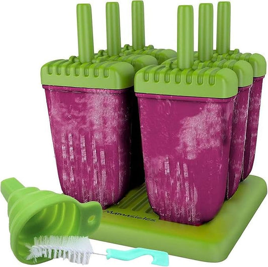 Popsicles Molds with Sticks 6 Individual Pieces BPA Free Popsicle Holders for Kids Reusable Plastic Ice Pop Mold with Silicone Funnel and Cleaning Brush by Mamasicles
