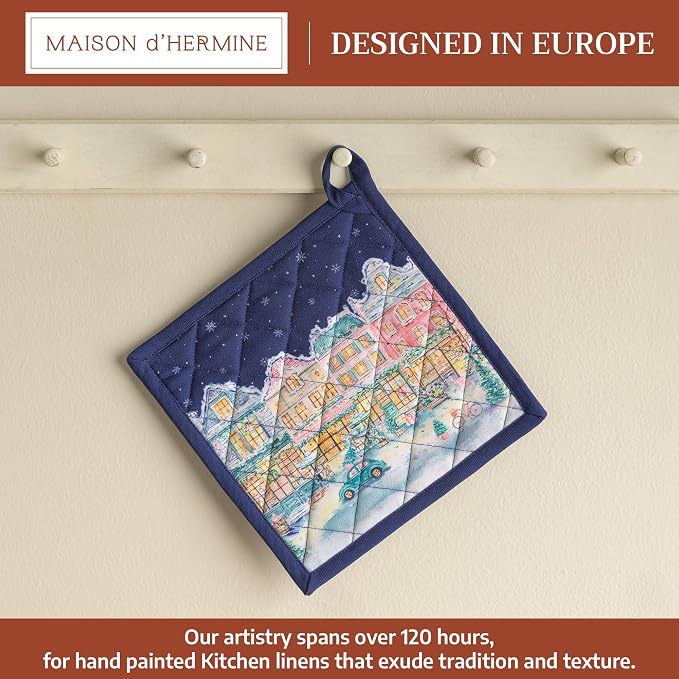 Maison d' Hermine Pot Holders 100% Cotton Potholders (8" x 8", Pack of 1) | Heat Resistant Hot Pads with Loop BBQ Cooking Kitchen Handling Hot Pans Thanksgiving Christmas - Christmas Market - Blue