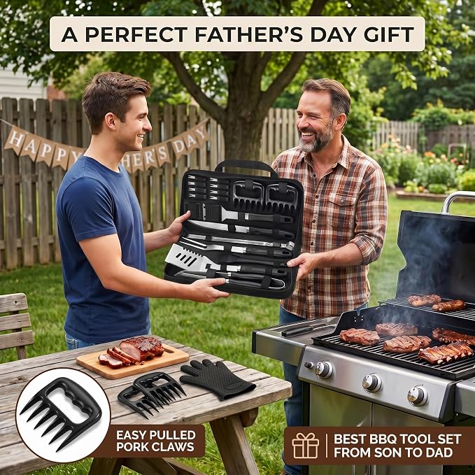 ROMANTICIST 23pcs Heavy Duty Grilling Gifts for Men Dad Fathers Day, Extra Thick BBQ Accessories Tools Set, Stainless Steel Grill Utensils Kit with Meat Claws,Canvas Bag for Outdoor Camping Black