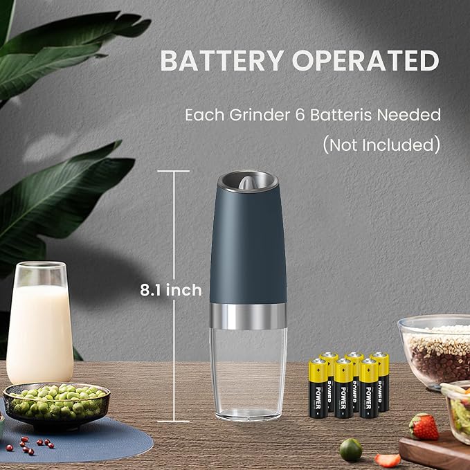 Battery Operated Salt And Pepper Grinder Set with LED Light, Automatic Electric Gravity Salt And Pepper Shakers Set, Each 6 AAA Batteries Needed, Adjustable Roughness, 2 Pack (Grey)